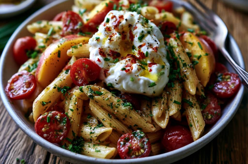 Cherry Tomato, Peach, and Burrata Penne