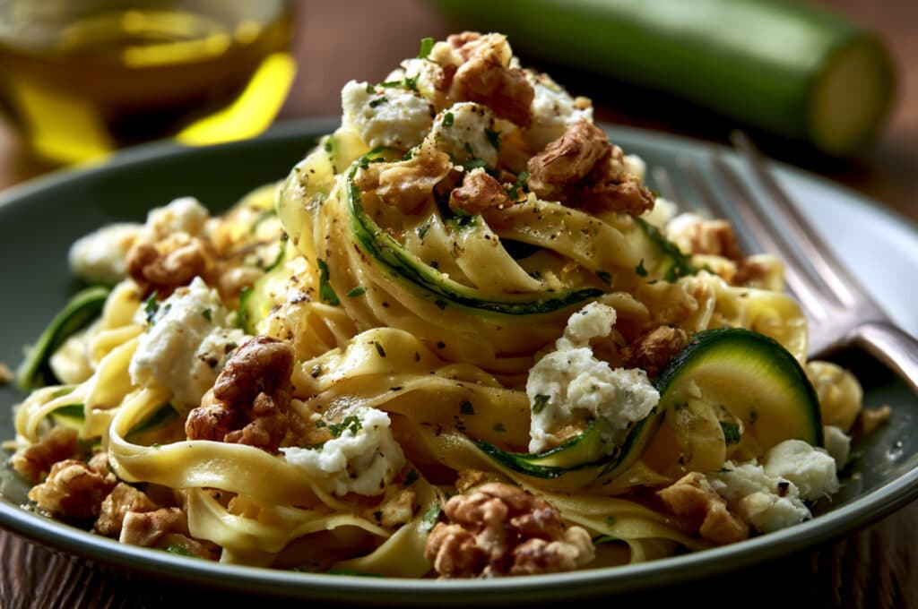 Zucchini Ribbon, Goat Cheese, and Walnut Fettuccine