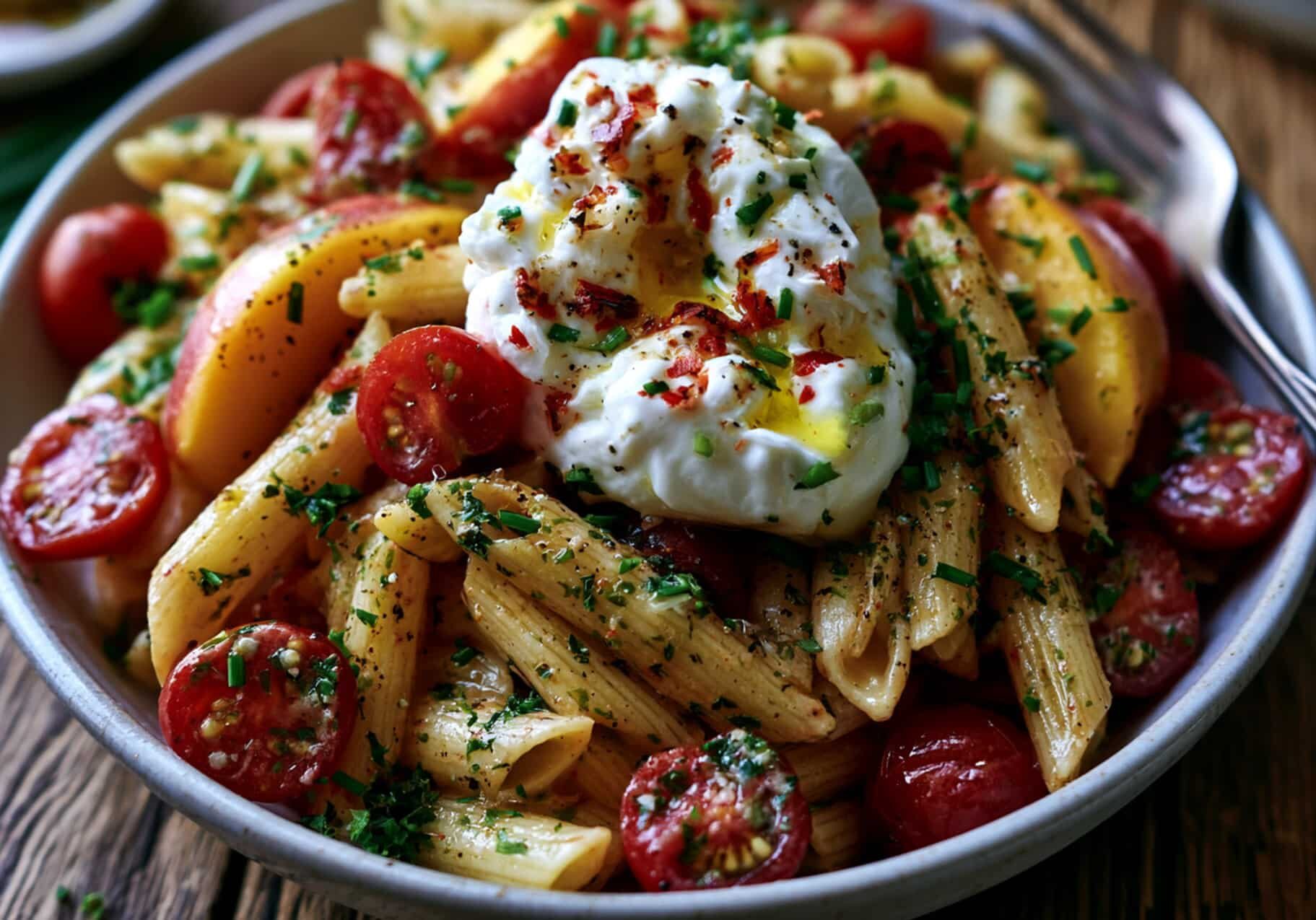 Cherry Tomato, Peach, and Burrata Penne