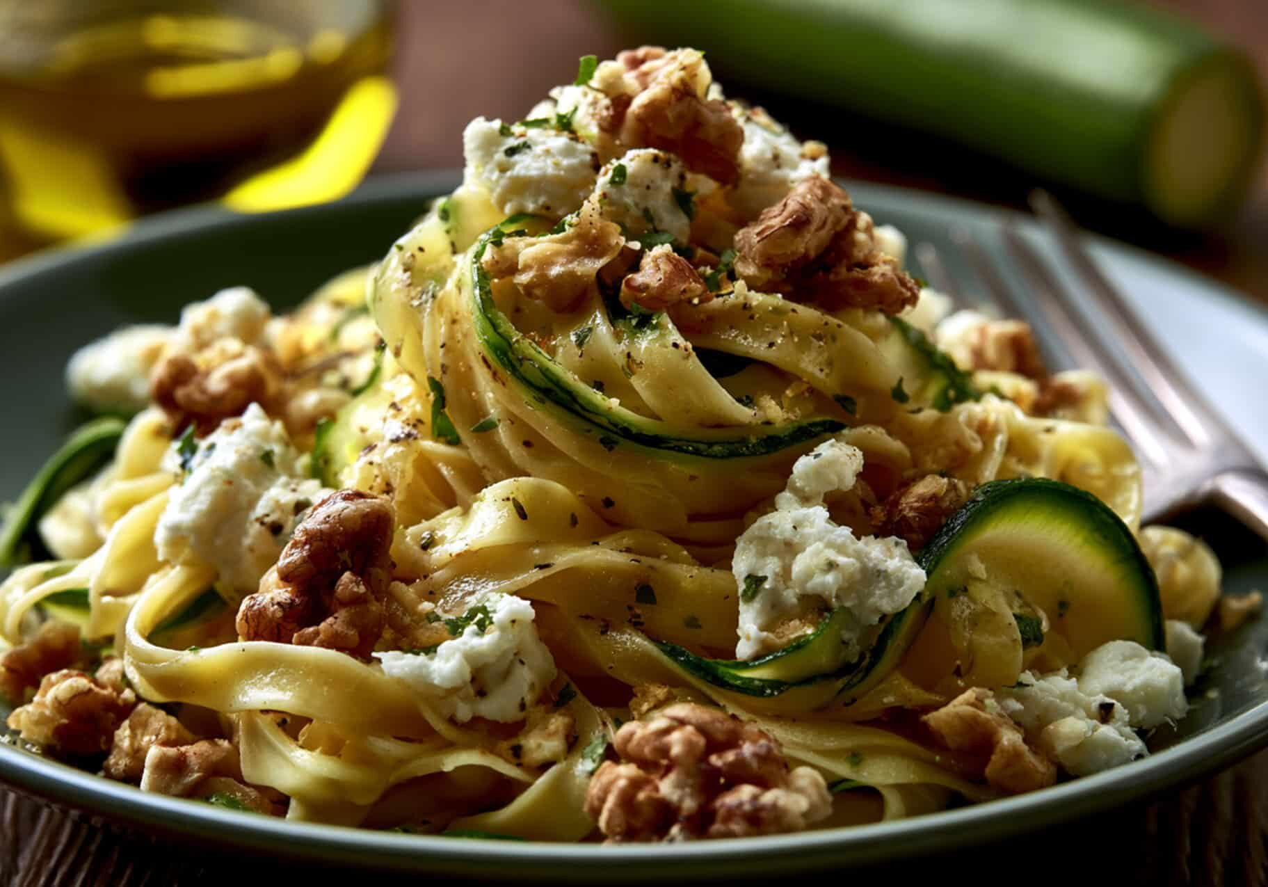 Zucchini Ribbon, Goat Cheese, and Walnut Fettuccine